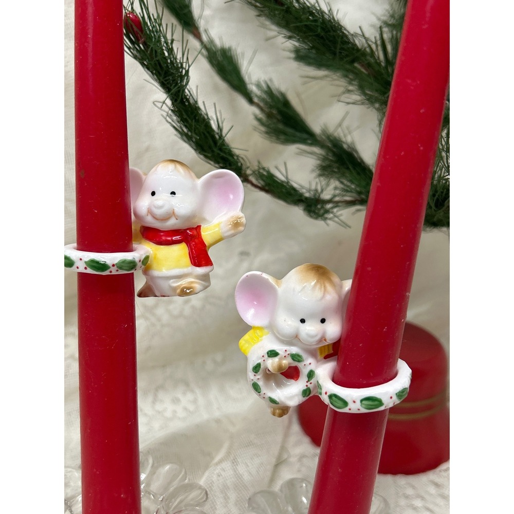 Christmas Mice Taper Candle Huggers Vintage Treasure Masters China Set of 2